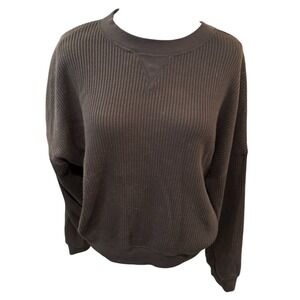 Gap Womens L Waffle Knit Thermal Long Sleeve Crewneck Pullover Top Gray Charcoal